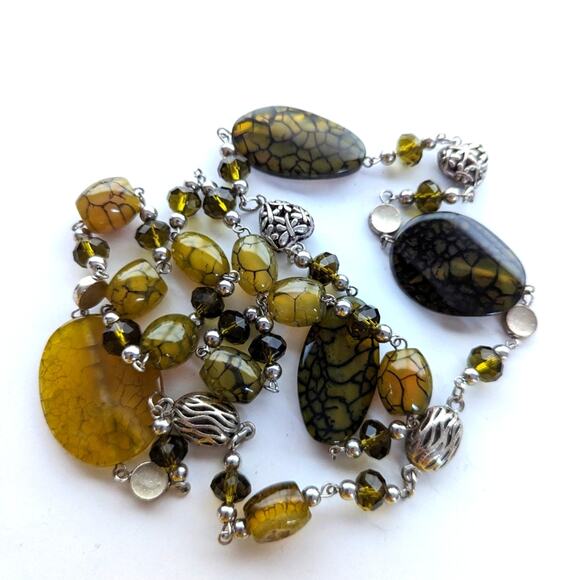 Artisan Stunning Green Spiderweb Agate Glass Beaded Crystals Long Boho Necklace - Picture 6 of 6